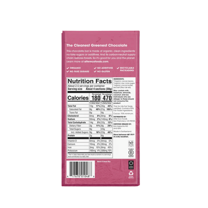 Alter Eco organic dark chocolate with sea salt 80g back of pack nutrition panel, stocked at Joy Wholefoods.