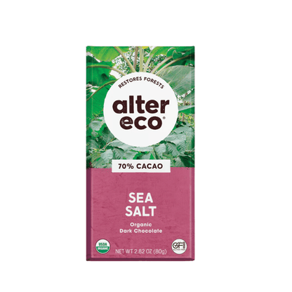 AlterEcoOrganicDarkChocolateSeaSalt80gmFront, featured in the Joy Wholefoods online store.