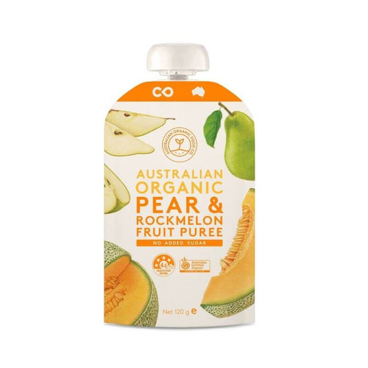 Australian Organic Food Co Fruit Puree Pear Rockmelon 120gm, featured in the Joy Wholefoods online store.