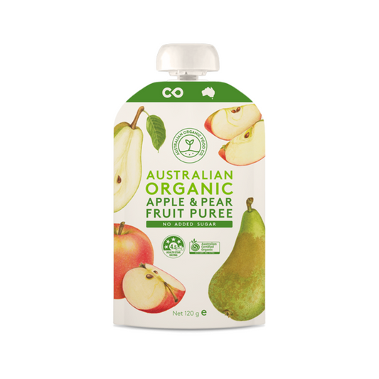 Australian Organic Food Co Puree Apple Pear 120gm, featured in the Joy Wholefoods online store.