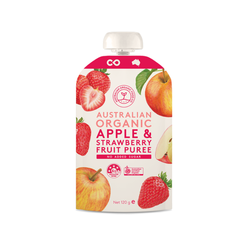Australian Organic Food Co Puree Apple Strawberry 120gm, featured in the Joy Wholefoods online store.