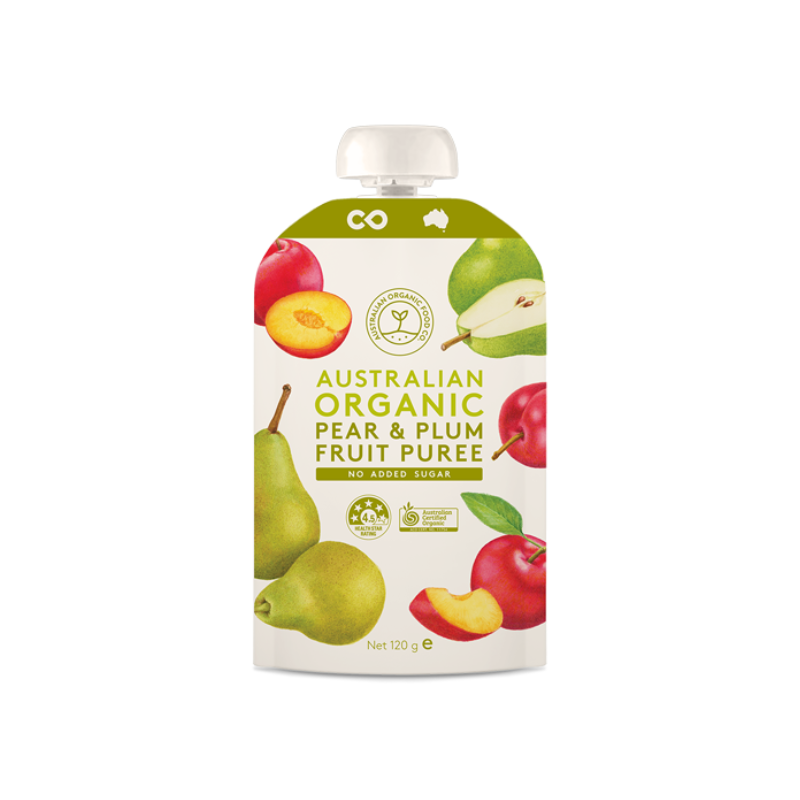 Australian Organic Food Co Puree Peach Pear Plum 120gm, featured in the Joy Wholefoods online store.