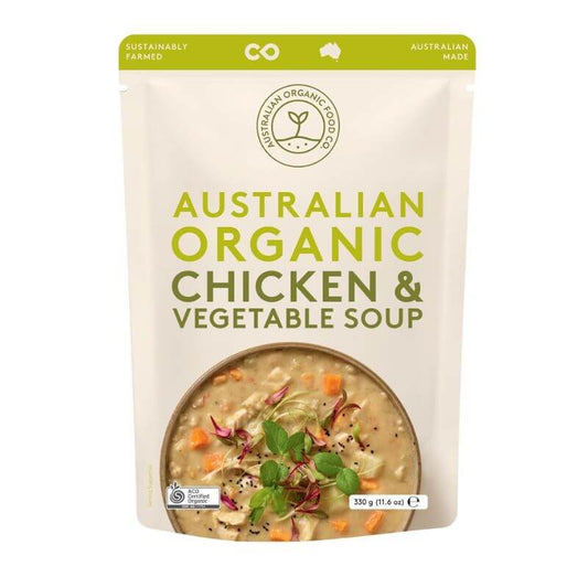 Australian organic food co soup chicken vegetable 330gm, featured in the Joy Wholefoods online store.