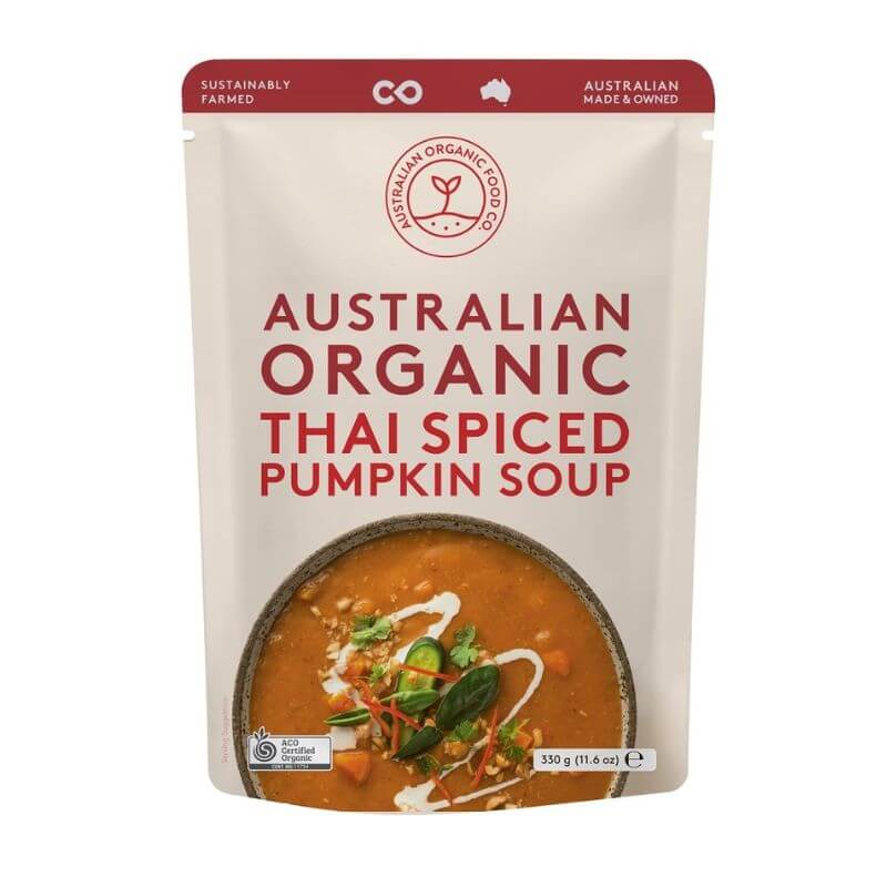 Australian organic food co soup thai spiced pumpkin soup 330gm, featured in the Joy Wholefoods online store.