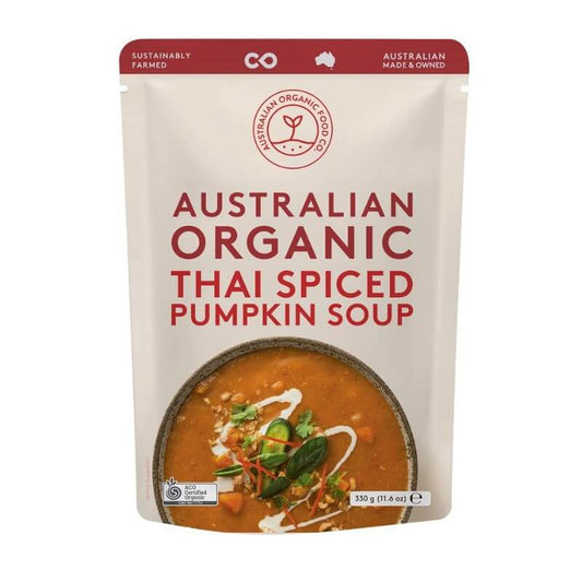Australian organic food co soup thai spiced pumpkin soup 330gm, featured in the Joy Wholefoods online store.
