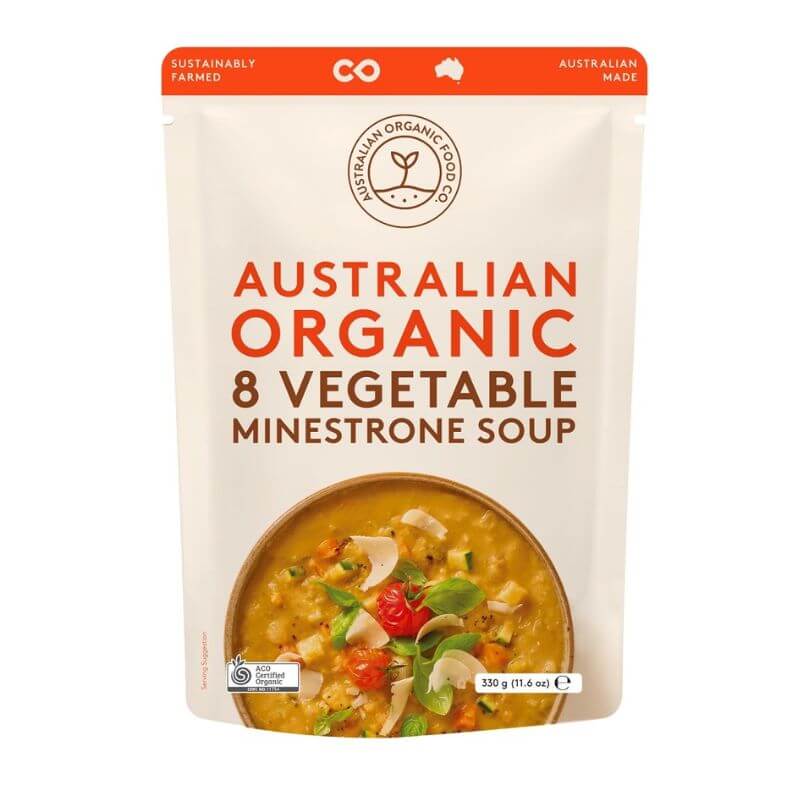 Australian organic food co soup vegetable minestrone 330gm, featured in the Joy Wholefoods online store.