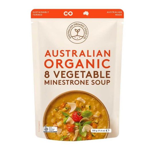 Australian organic food co soup vegetable minestrone 330gm, featured in the Joy Wholefoods online store.