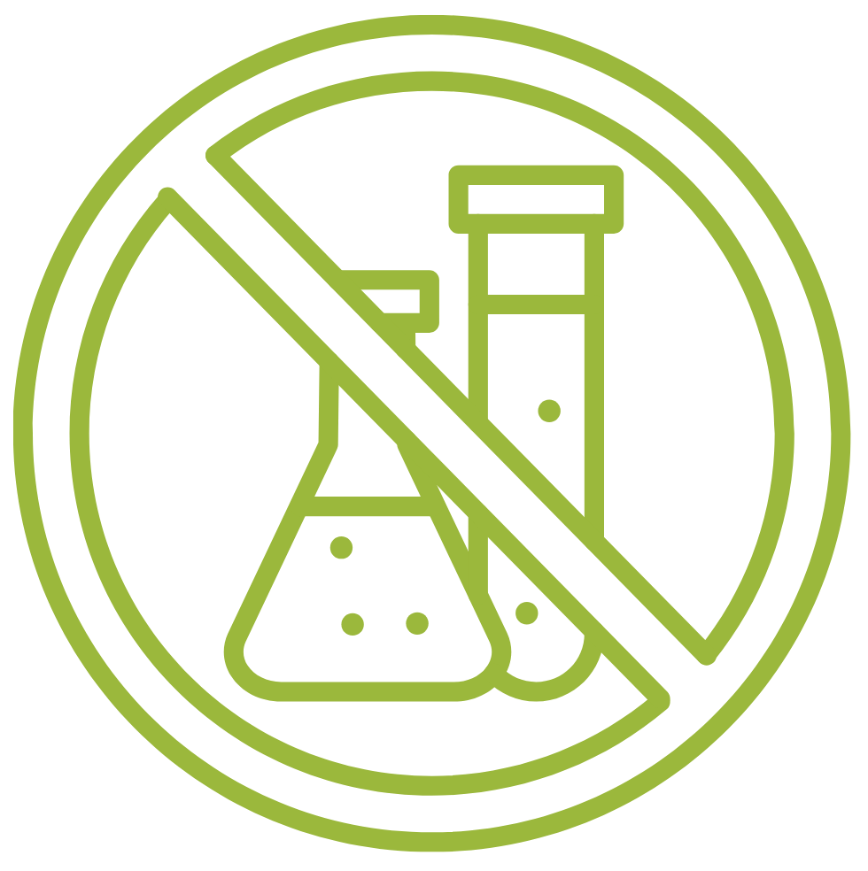 Green icon of a crossed-out beaker and test tube on a transparent background