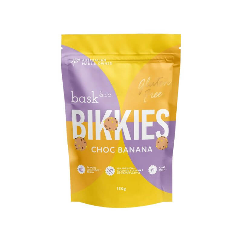 Bask and co Gluten Freek Bikkies Choc Banana, featured in the Joy Wholefoods online store.