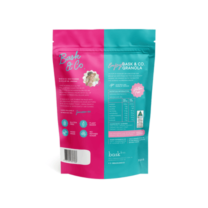 Bask and Co almond coconut granola 250g, nutrition panel and ingredients shown, available at Joy Wholefoods.