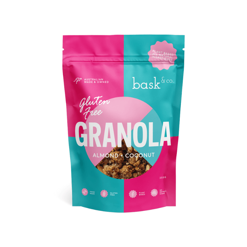 BaskandCoAlmondCoconutGranola250gmFront, featured in the Joy Wholefoods online store.