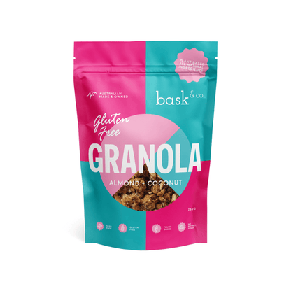 BaskandCoAlmondCoconutGranola250gmFront, featured in the Joy Wholefoods online store.