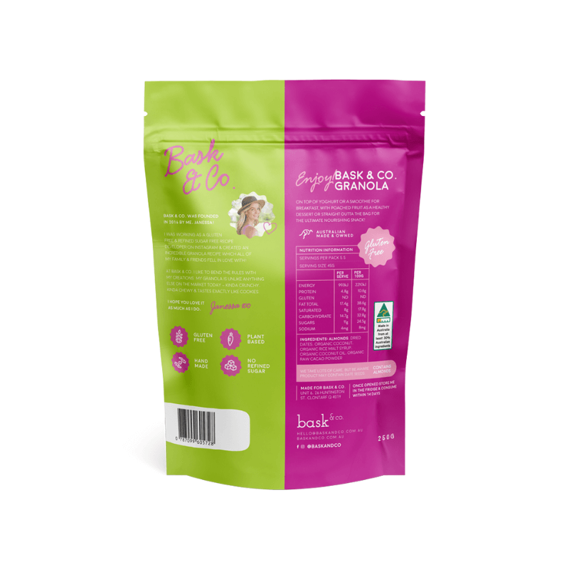 Bask and Co dark chocolate granola 250g back of pack with nutrition information, stocked at Joy Wholefoods.