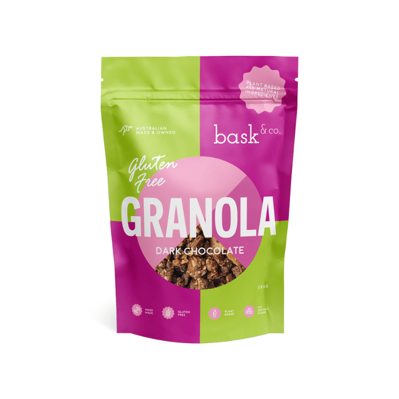 BaskandCoDarkChocolateGranola250gmFront, featured in the Joy Wholefoods online store.
