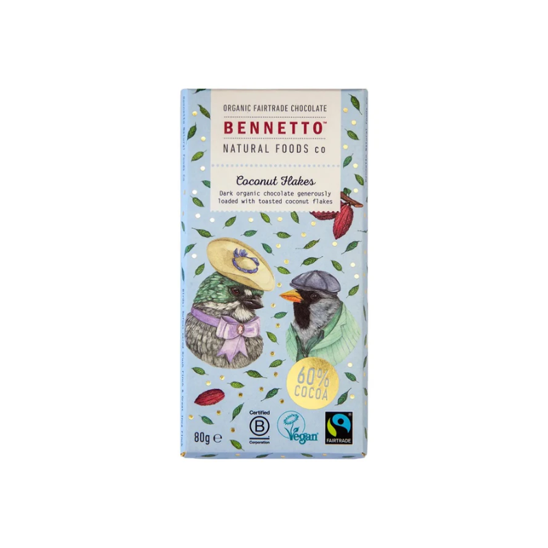 Bennetto Chocolate Organic Fair Trade Coconut Flakes Dark 80gm, featured in the Joy Wholefoods online store.
