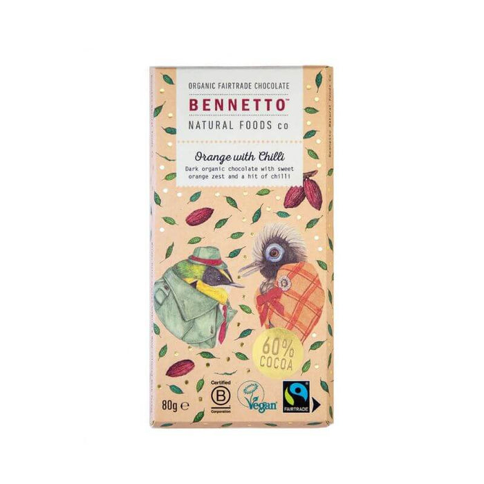 Bennetto Dark Chocolate Orange Chilli 80gm, featured in the Joy Wholefoods online store.