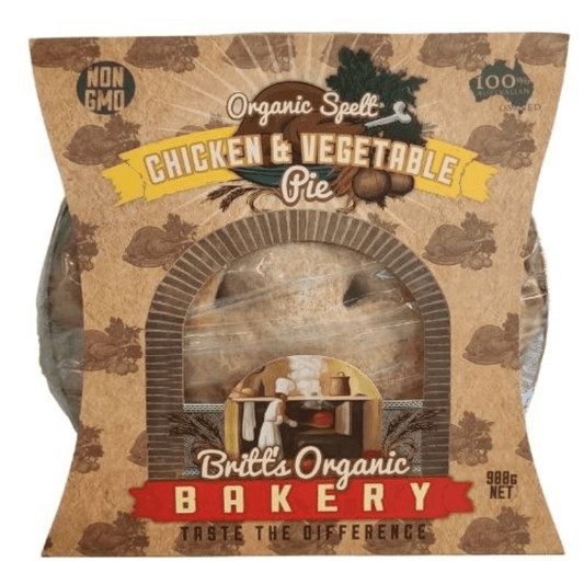 Britts Organic Bakery Family Pie Chicken Vegetable Spelt, featured in the Joy Wholefoods online store.