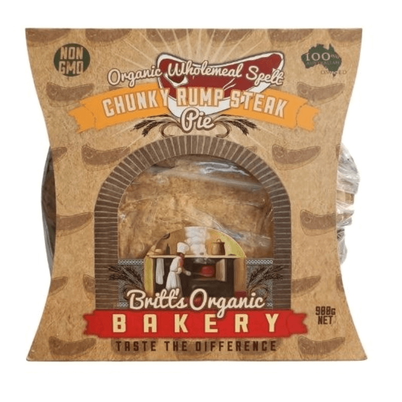 Britts Organic Bakery Family Pie Chunky Steak Spelt, featured in the Joy Wholefoods online store.