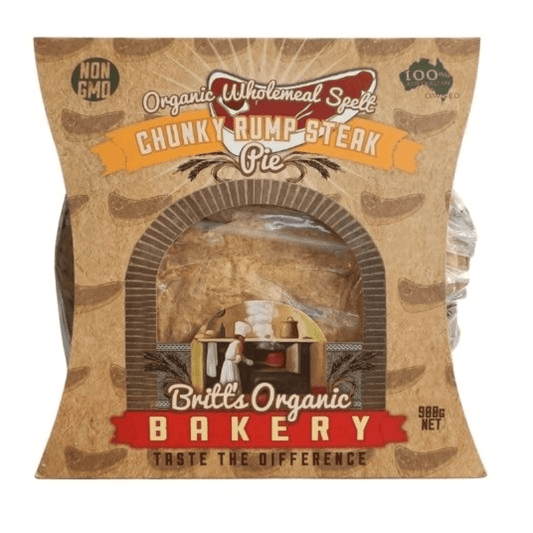Britts Organic Bakery Family Pie Chunky Steak Spelt, featured in the Joy Wholefoods online store.