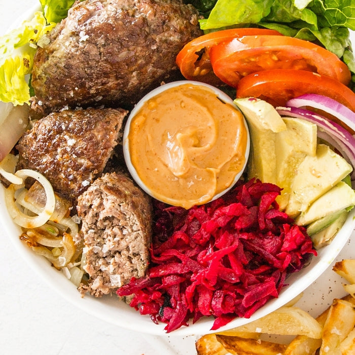 Burger Bowls with Beet Relish, featured in the Joy Wholefoods online store.