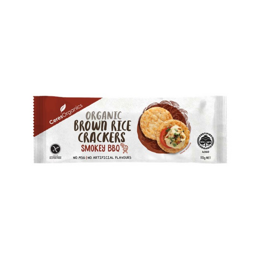 Ceres Brown Rice Crackers Smokey BBQ Certified Organic 115gm, featured in the Joy Wholefoods online store.