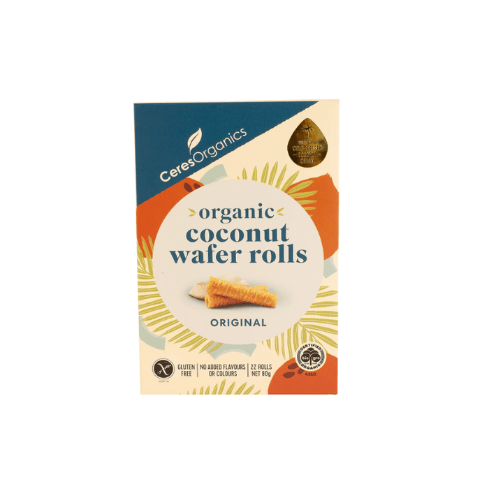 Ceres Organics Coconut Wafer Rolls Original 80gm, featured in the Joy Wholefoods online store.
