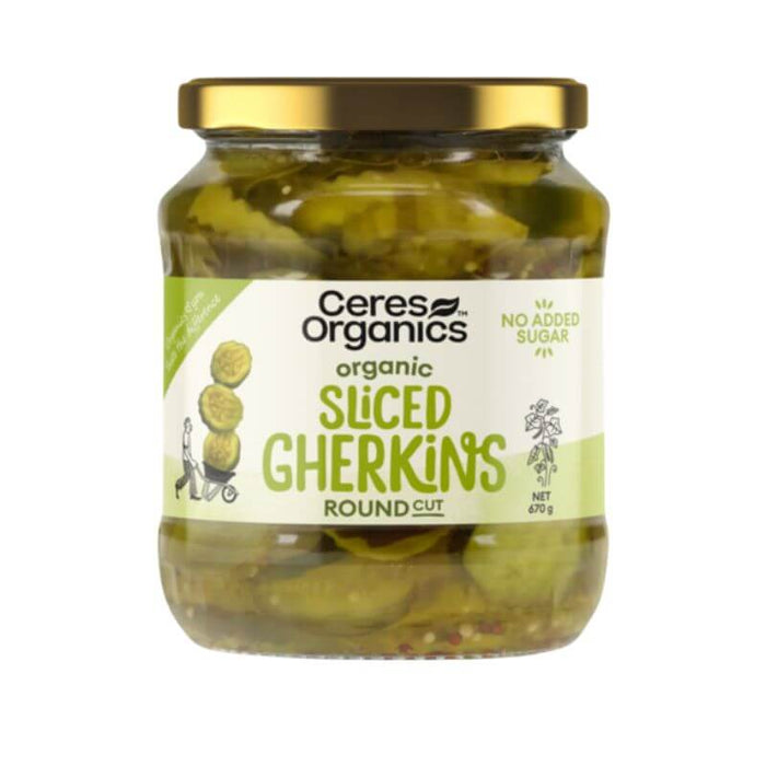 Ceres Organics Sliced Gherkins 670gm, featured in the Joy Wholefoods online store.
