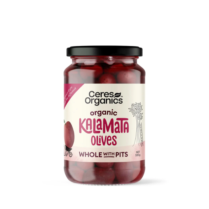 CeresOrganicsKalamataOlivesWholewithPits320gm, featured in the Joy Wholefoods online store.