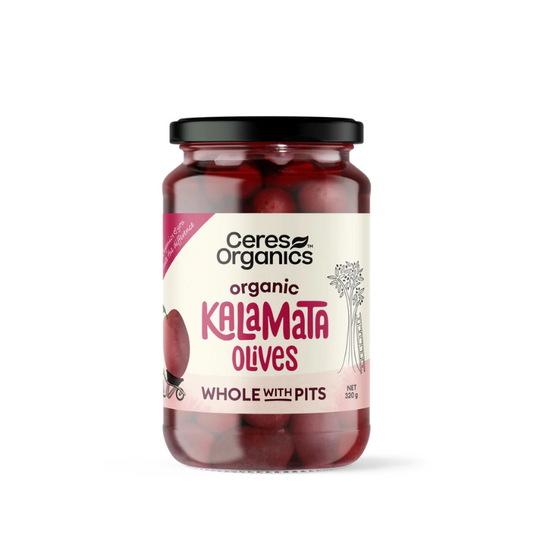 CeresOrganicsKalamataOlivesWholewithPits320gm, featured in the Joy Wholefoods online store.