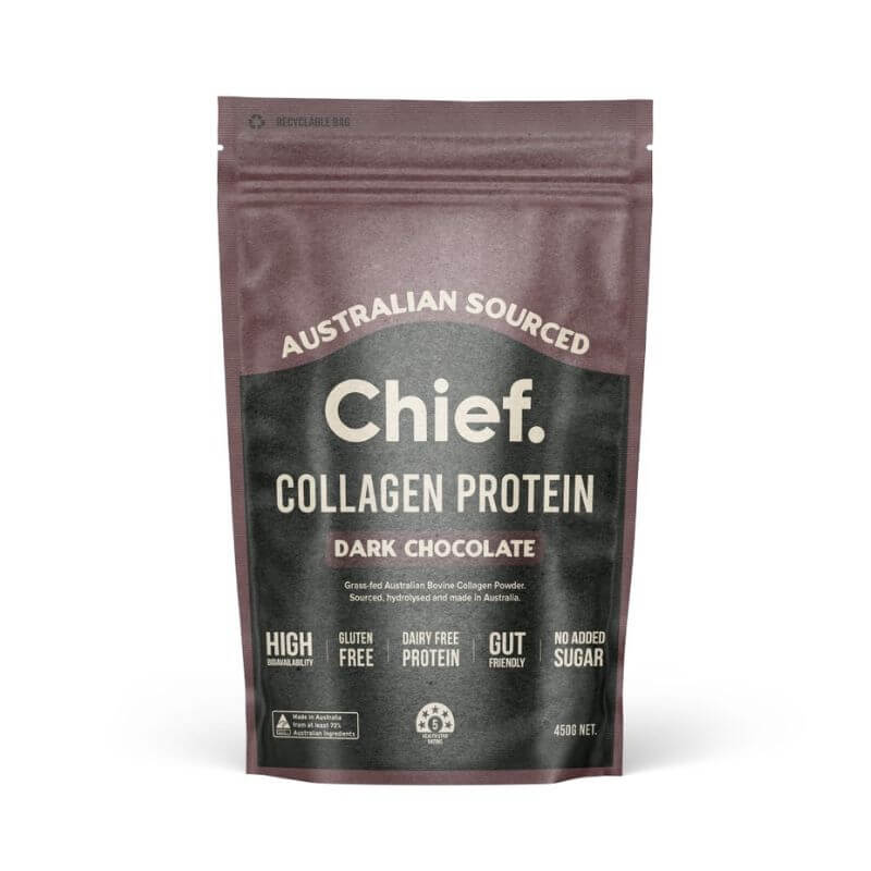 Chief Collagen Powder Dark Chocolate 450gm, featured in the Joy Wholefoods online store.