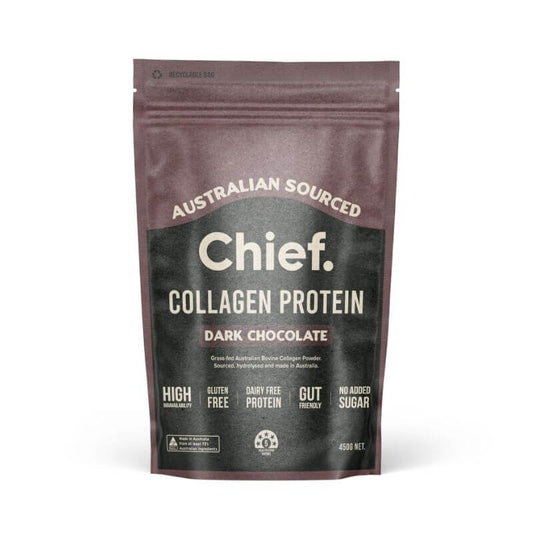 Chief Collagen Powder Dark Chocolate 450gm, featured in the Joy Wholefoods online store.