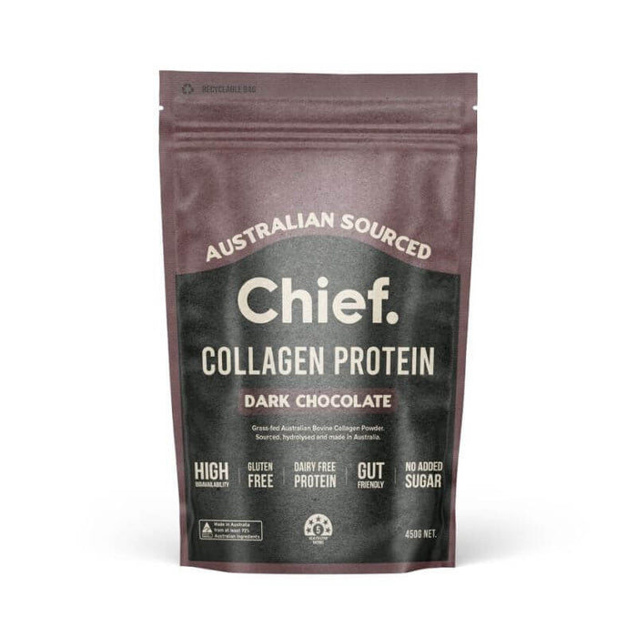 Chief Collagen Powder Dark Chocolate 450gm, featured in the Joy Wholefoods online store.