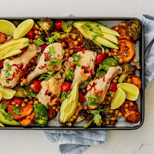 Chilli Lime Chicken Tray Bake on a plain background
