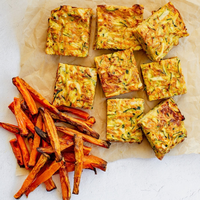 Easy Zucchini Slice with Veggie Fries, featured in the Joy Wholefoods online store.