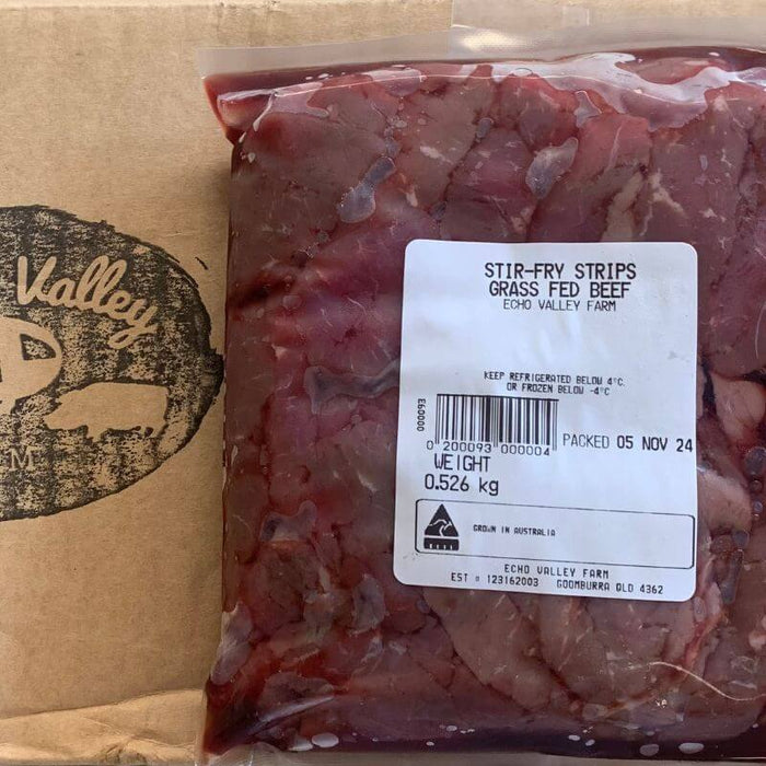 Echo Valley Farm Beef Stir Fry Strips 500gm, featured in the Joy Wholefoods online store.
