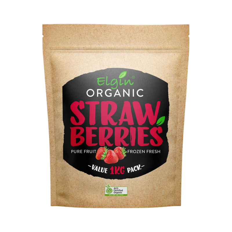 Elgin Frozen Organic Strawberries 1kg pack, featured in the Joy Wholefoods online store.