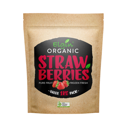 Elgin Frozen Organic Strawberries 1kg pack, featured in the Joy Wholefoods online store.