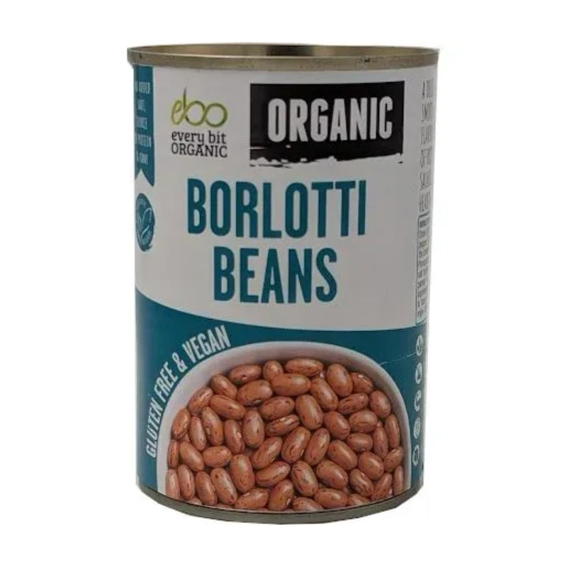 A can of Every Bit Organic Organic Borlotti Beans, gluten free and vegan, on a plain white background.