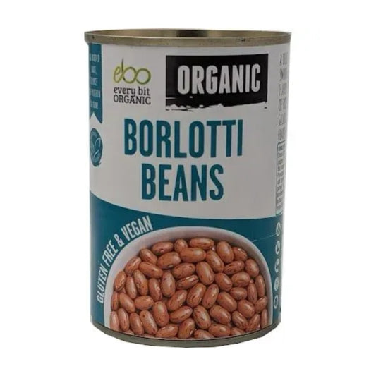 A can of Every Bit Organic Organic Borlotti Beans, gluten free and vegan, on a plain white background.