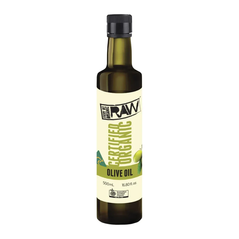 Every Bit Organic Raw certified organic olive oil 500ml, cold pressed and bottled in Australia.