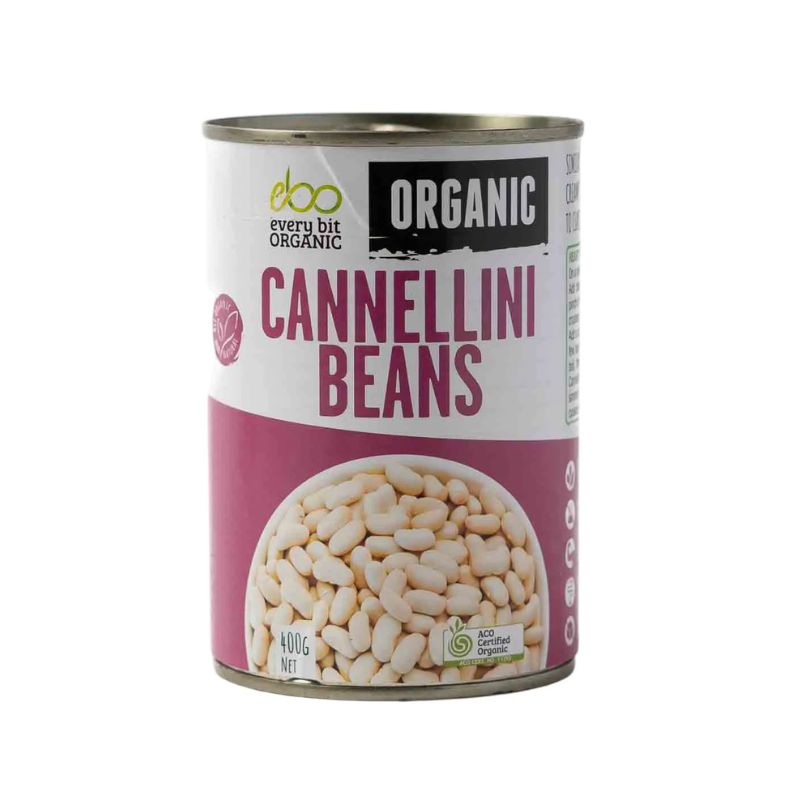 Can of organic cannellini beans with a white background