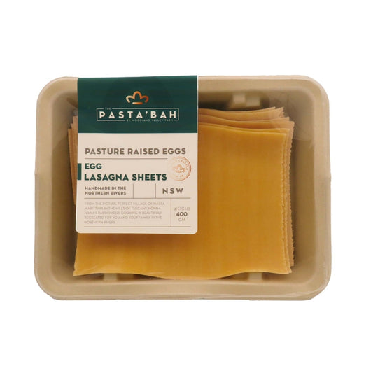 Packaged egg lasagna sheets with Pasta'bah label on a white background