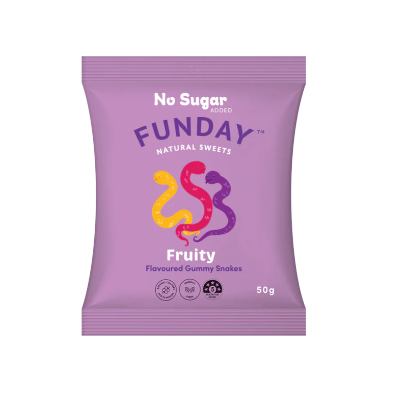 FundaySweetsFruityGummySnakes50gm, featured in the Joy Wholefoods online store.