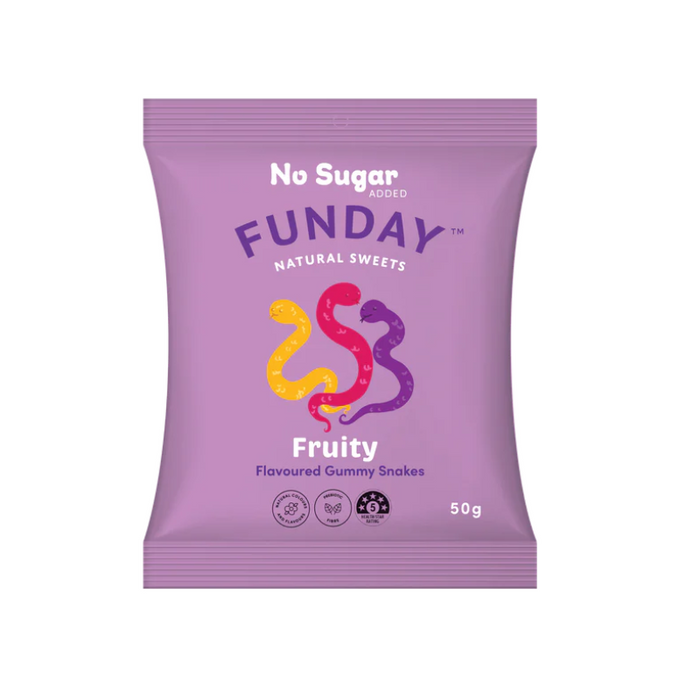 FundaySweetsFruityGummySnakes50gm, featured in the Joy Wholefoods online store.