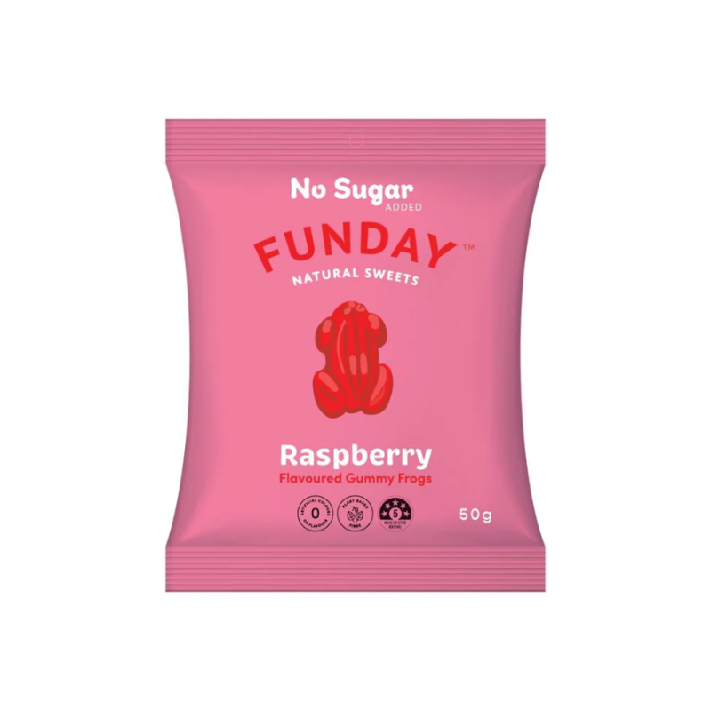 FundaySweetsRaspberryGummyFrogs50gm, featured in the Joy Wholefoods online store.