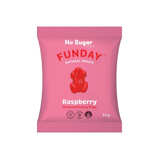 FundaySweetsRaspberryGummyFrogs50gm, featured in the Joy Wholefoods online store.
