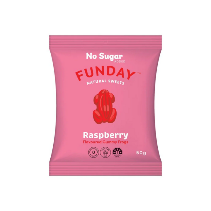 FundaySweetsRaspberryGummyFrogs50gm, featured in the Joy Wholefoods online store.
