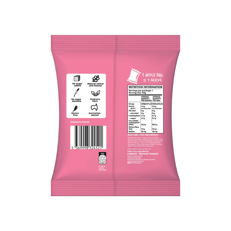 Funday Sweets raspberry gummy frogs 50g back of pack nutrition panel, available at Joy Wholefoods.