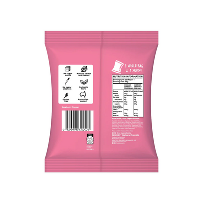 Funday Sweets raspberry gummy frogs 50g back of pack nutrition panel, available at Joy Wholefoods.