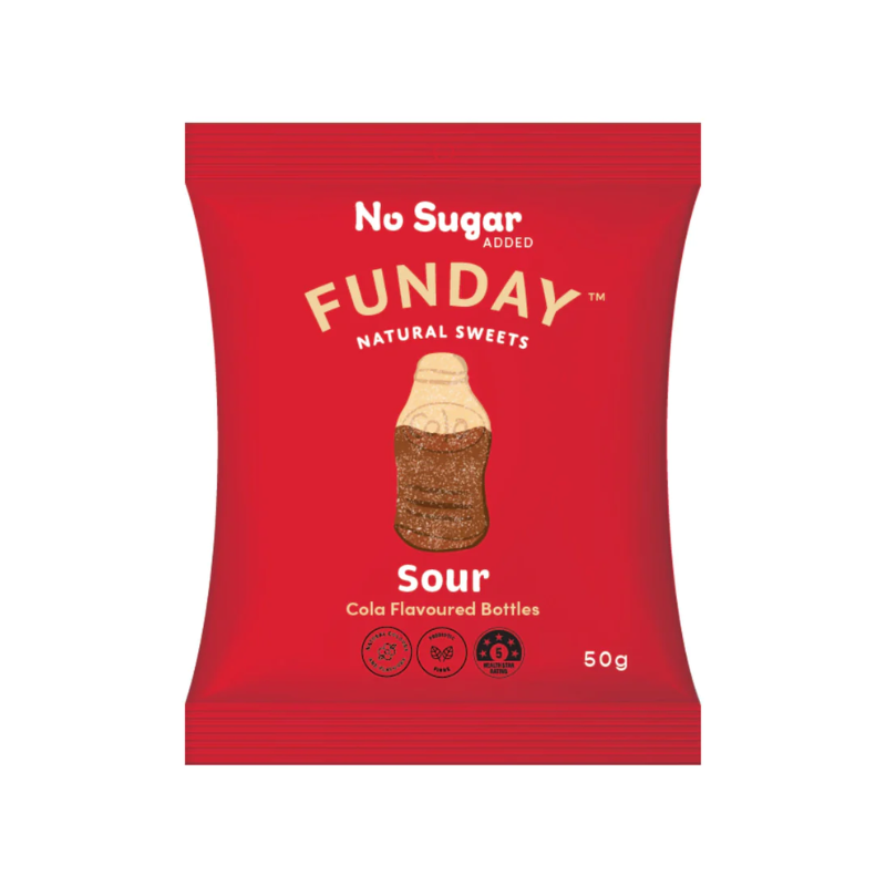FundaySweetsSourColaBottles50gm, featured in the Joy Wholefoods online store.